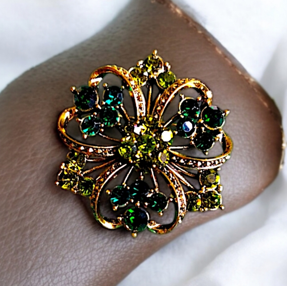Shades of Green Floral Rhinestone Brooch - Picture 3 of 4